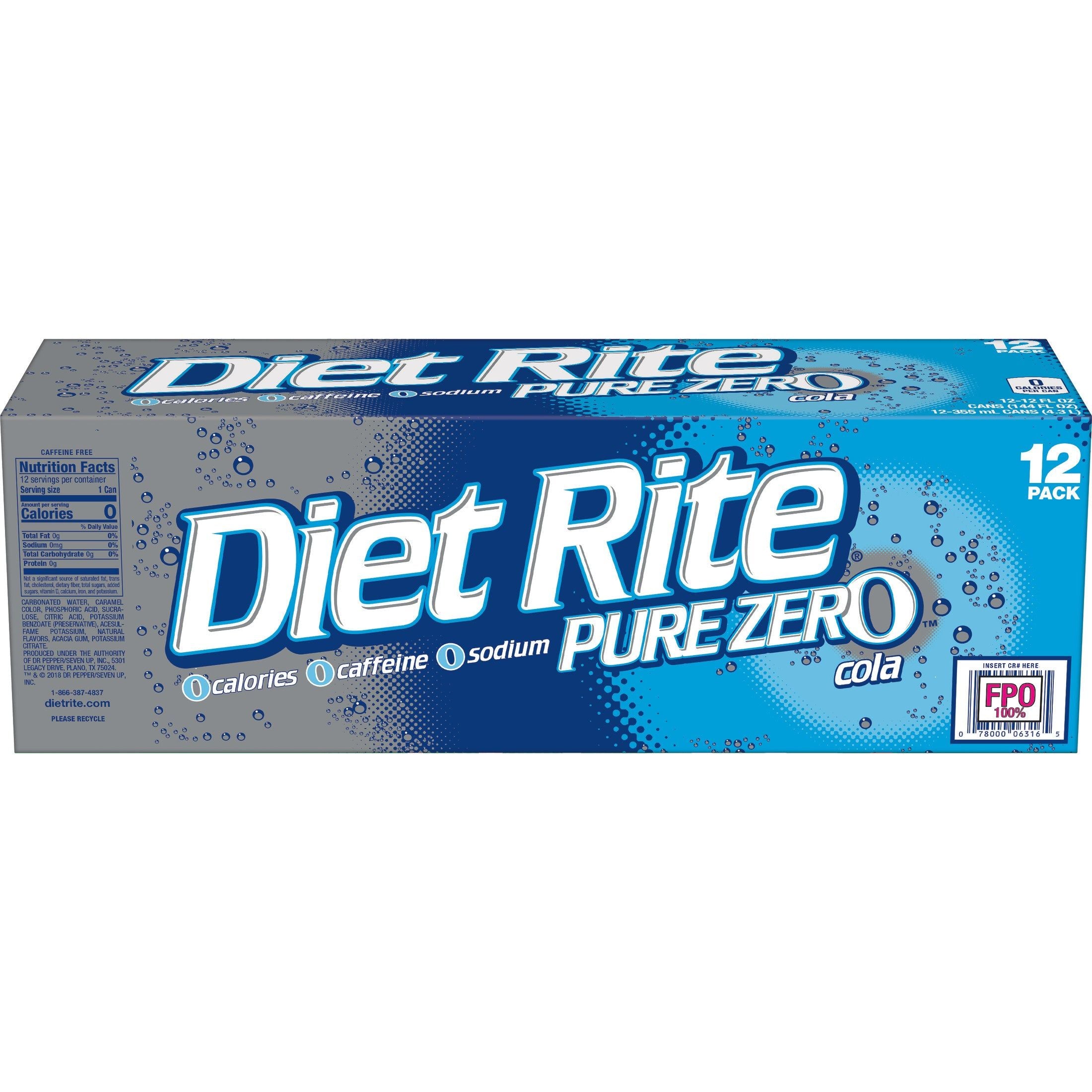 Diet Rite Pure Zero Sugar-Free Cola Soda, 12 oz Cans - 24 Count