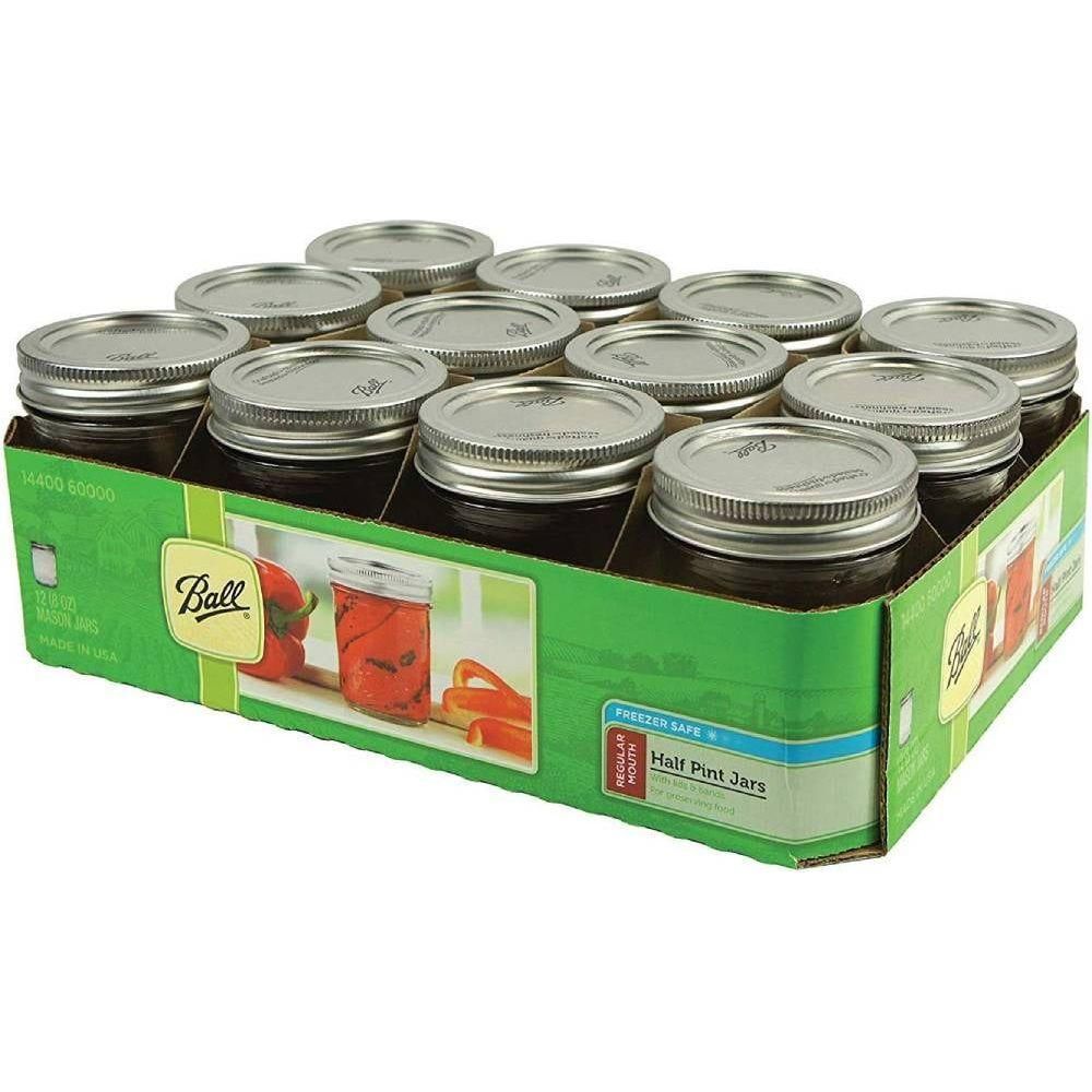 Ball Mason Glass Regular Mouth Half Pint 8 oz Jars with Lids and Bands - 12 Pack - Ball