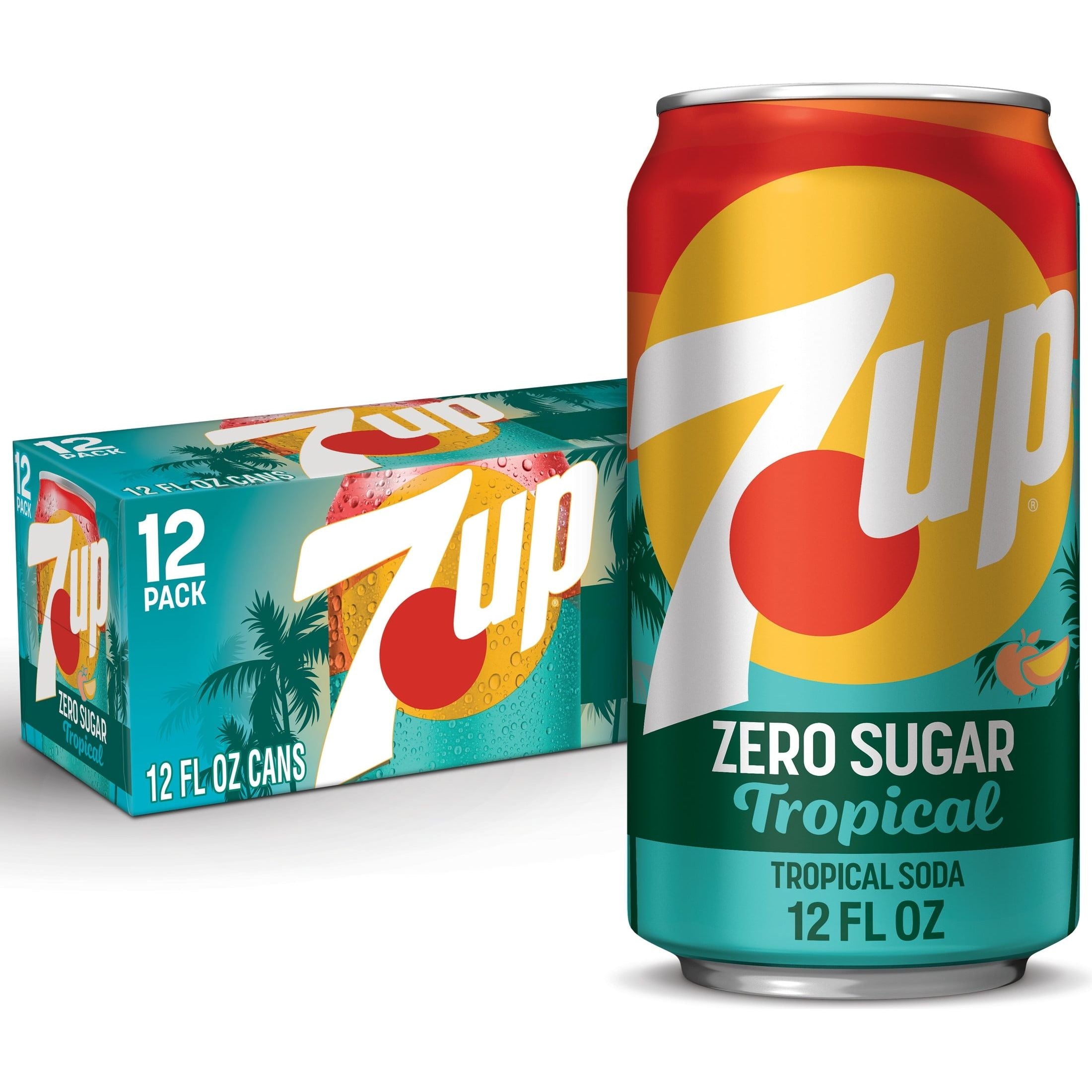 7UP Tropical Zero Sugar Caffeine Free Lemon Lime Mango Peach Soda Pop, 12 fl oz, 12 Pack Cans