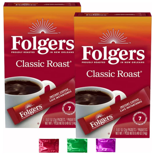 Folgers Classic Roast Instant Coffee Crystals 2 Boxes, 14 Count Single Serve Packets Dark Roasted Coffee Beans Powdered Hot Drink Sticks Singles 0.49 Oz