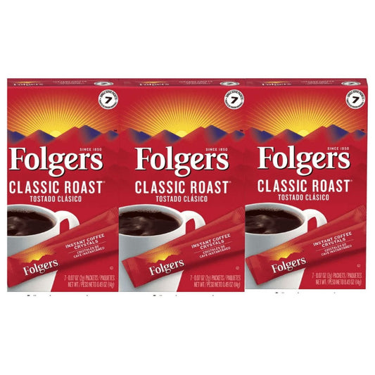 Folgers Classic Roast Single Serve Medium Roast Instant Coffee Packets, 7 CT pack of 3