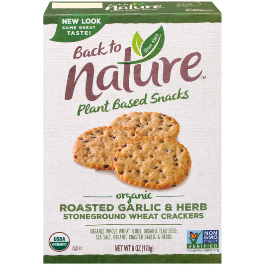 Organic Roasted Garlic & Herb Stoneground Wheat Crackers - Back to Nature Plant Based Snacks 6 oz. - Back to Nature