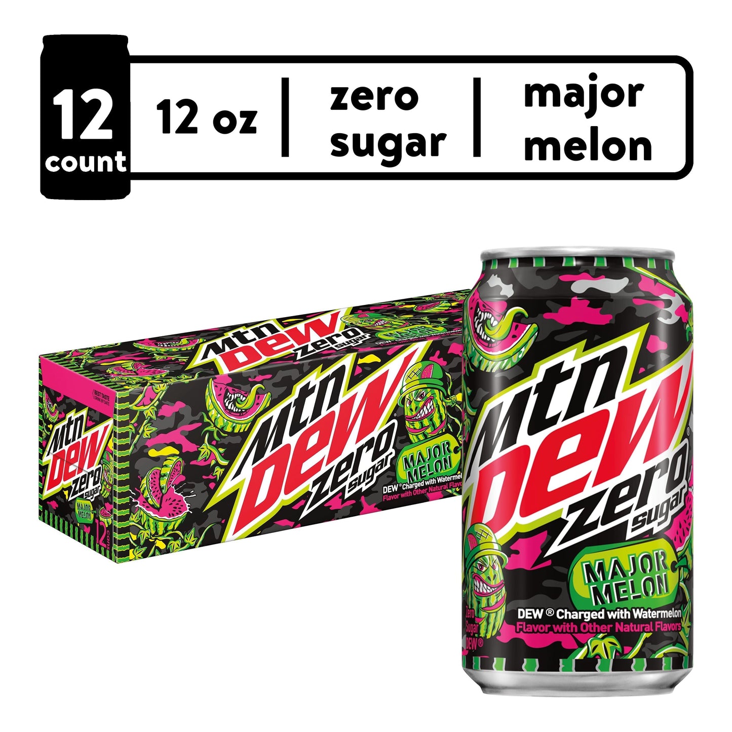 Mountain Dew Zero Sugar Major Melon Watermelon Citrus Soda - 12 Cans of Refreshing Guilt-Free Flavor