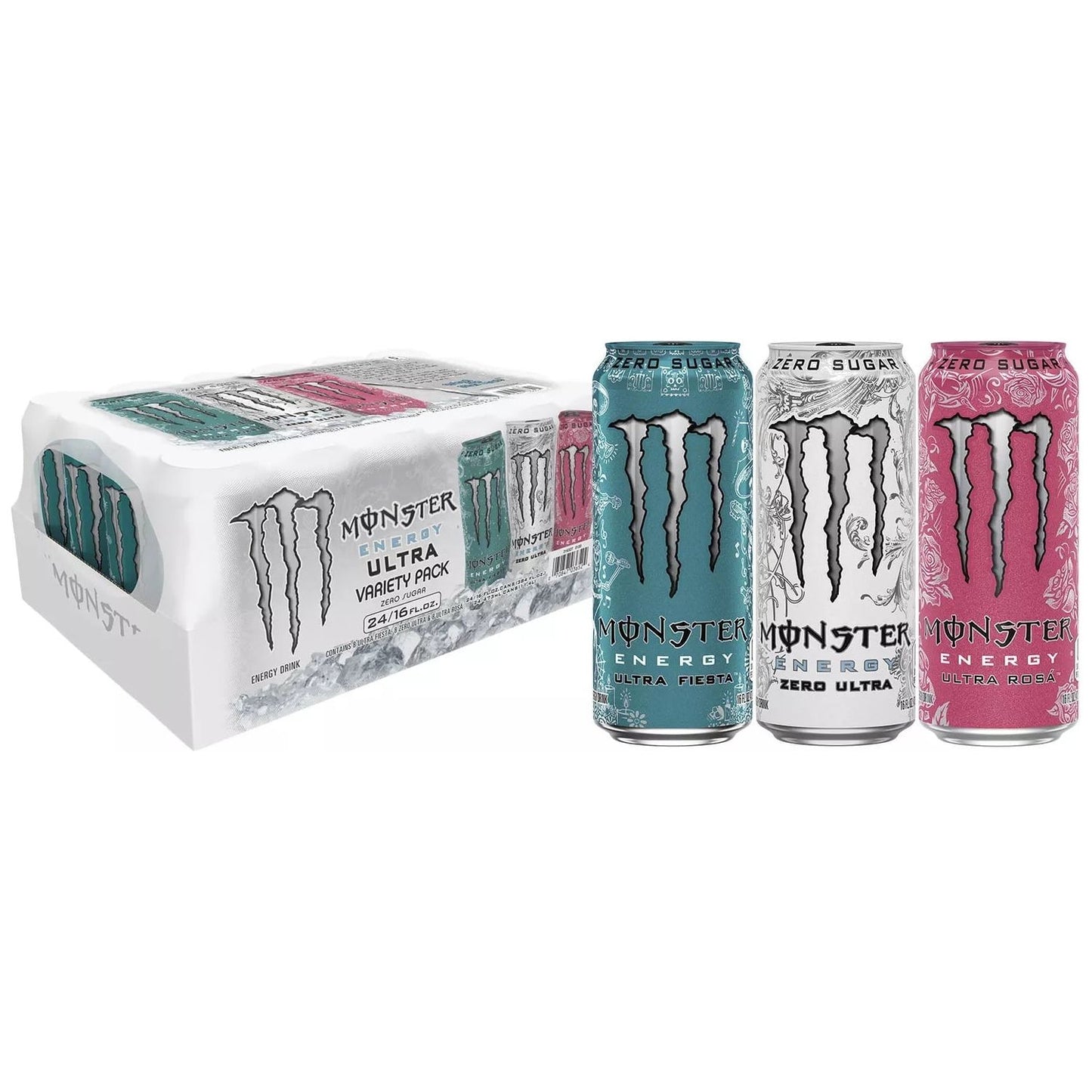 Monster Energy Ultra Flavor Fiesta Variety Pack - Zero Ultra, Rosa, 16 oz Cans - 24 Pack