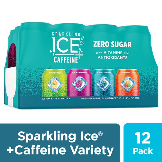 Sparkling Ice +Caffeine Zero Sugar Sparkling Water Variety Pack - Black Raspberry, Blue Raspberry, Strawberry Citrus, Citrus Twist (12 x 16oz Cans)