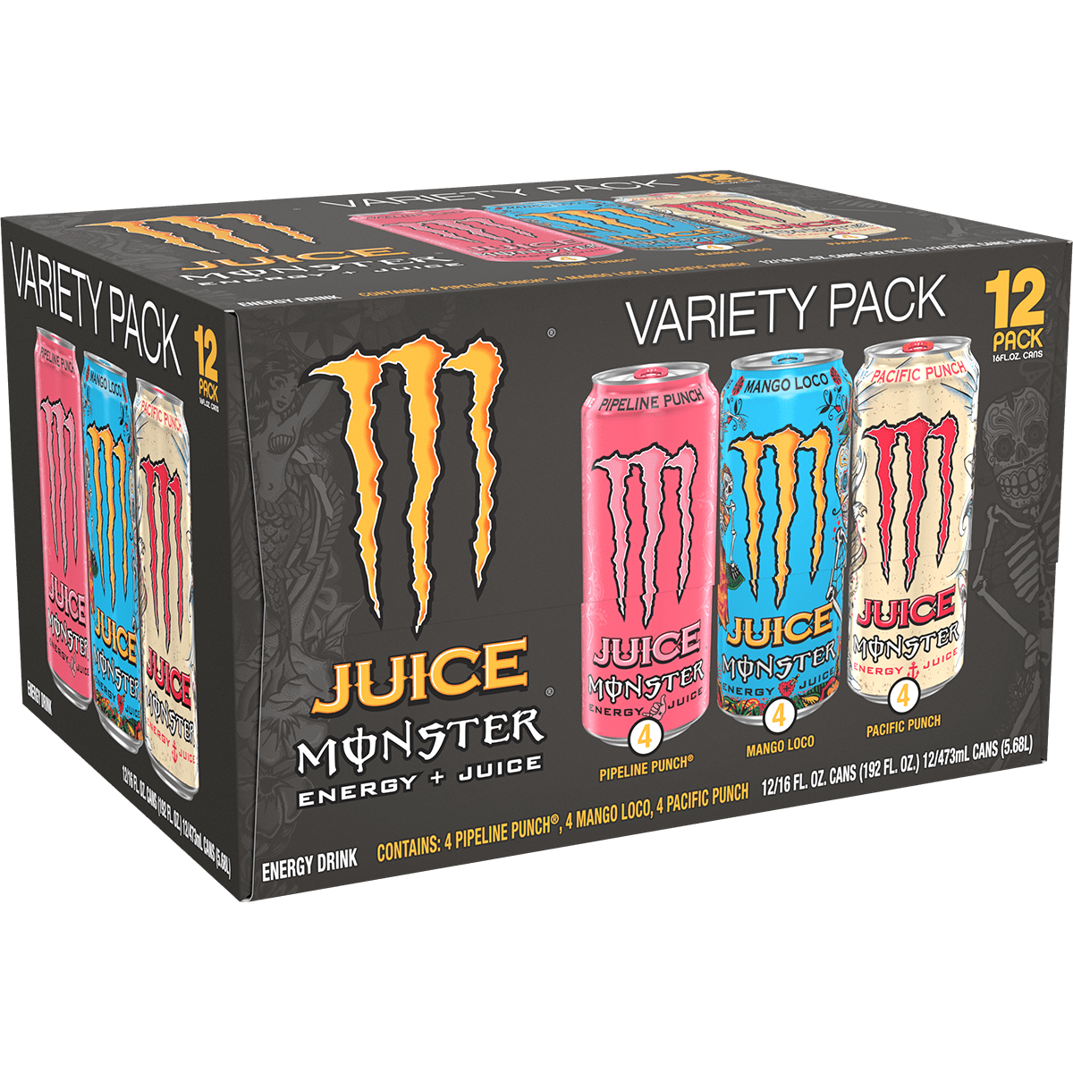 Monster Energy Drink Variety Pack - Mango Loco, Pipeline Punch & Pacific Punch, 16 fl oz, 12 Cans