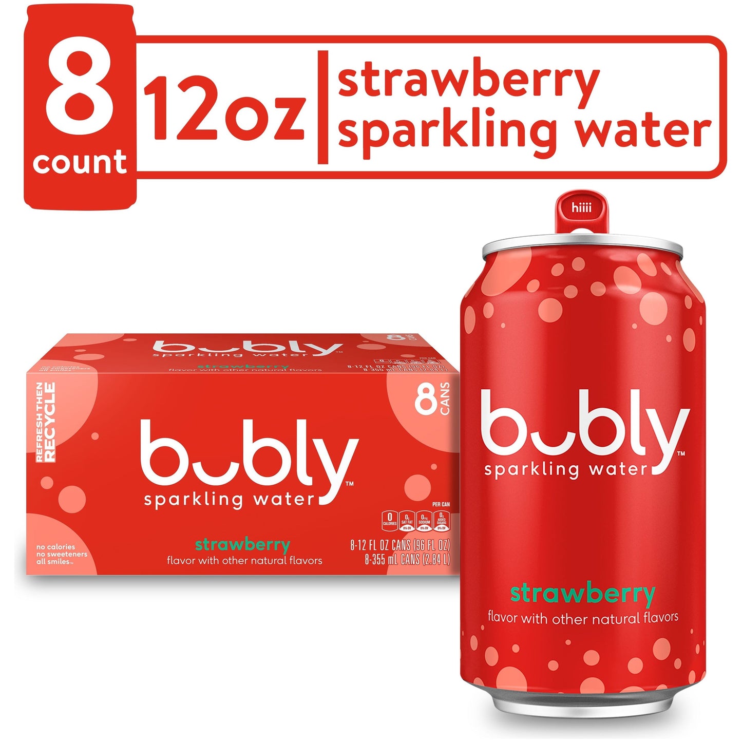 Bubly Strawberry Flavored Sparkling Water, 8 Pack of 12 oz Cans