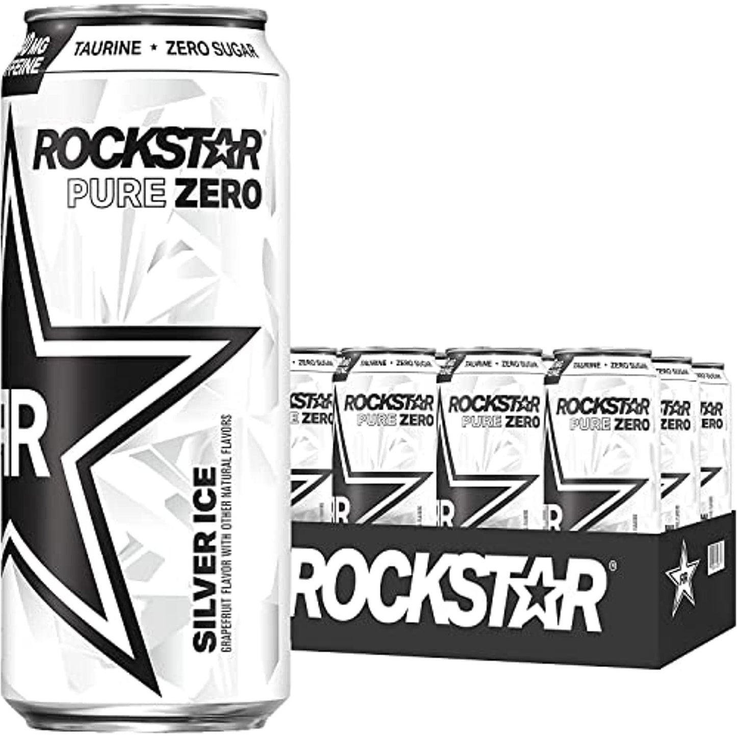 Rockstar Pure Zero Energy Drink Silver Ice Flavor, 12-Pack of 16oz Cans