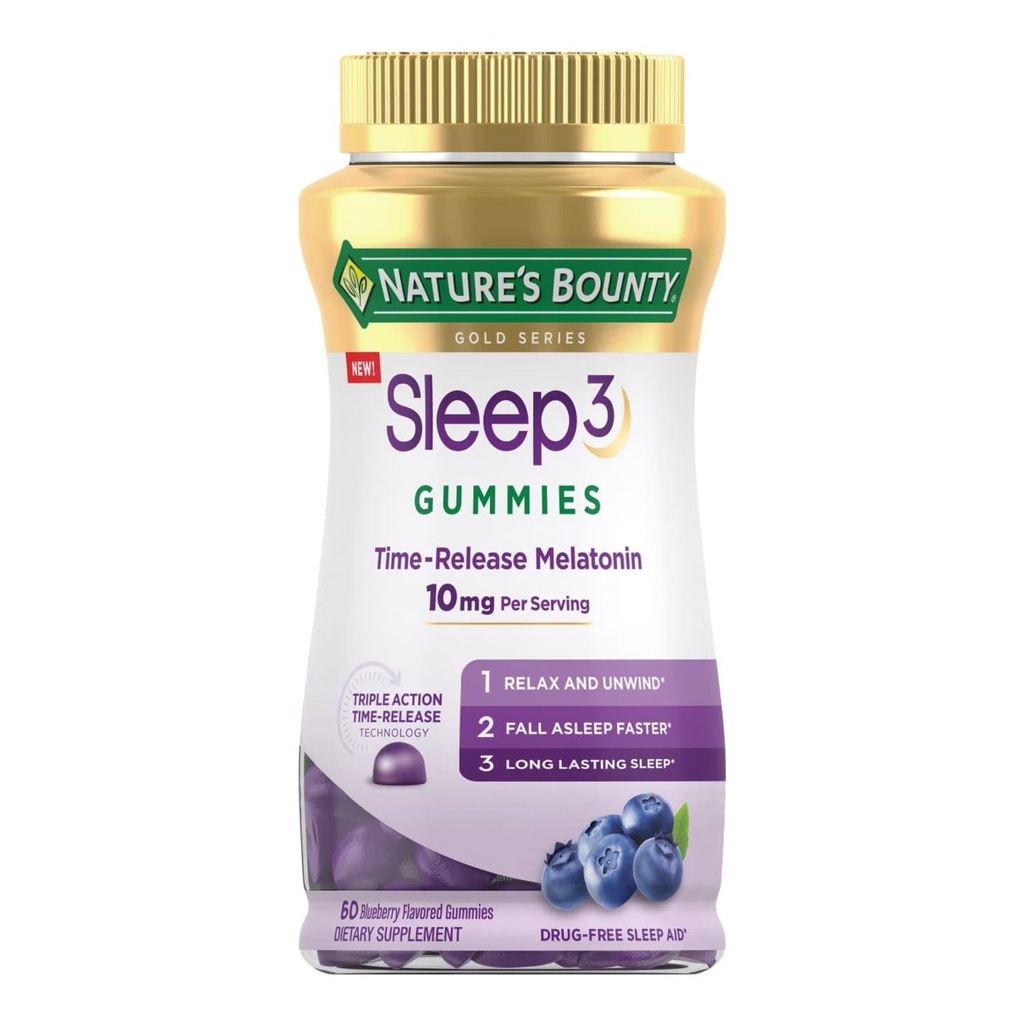 Nature’s Bounty® Sleep3 Melatonin 10 mg, L-Theanine, Sleep Aid Gummies, Drug-Free Sleep Aid, 60 Ct