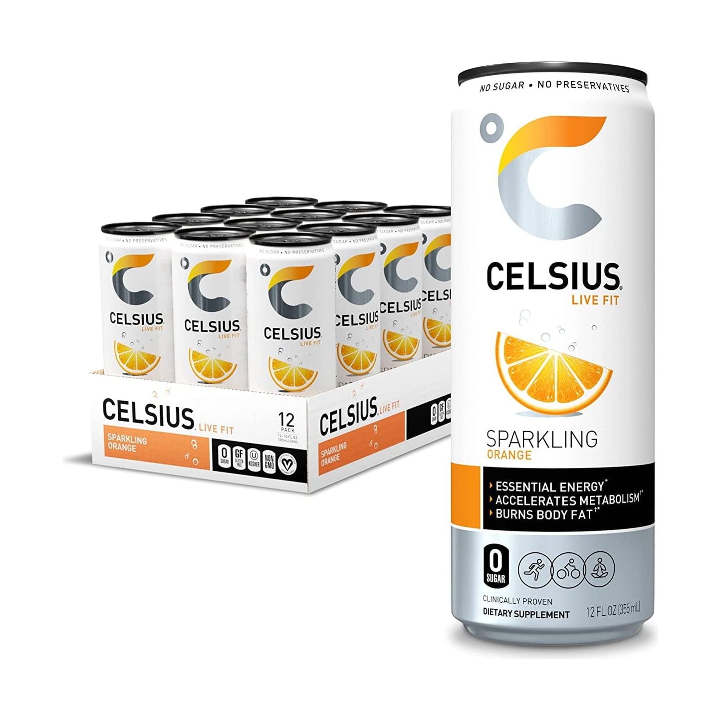 CELSIUS Sparkling Orange Essential Energy Drink - 12 Pack of 12 oz Cans