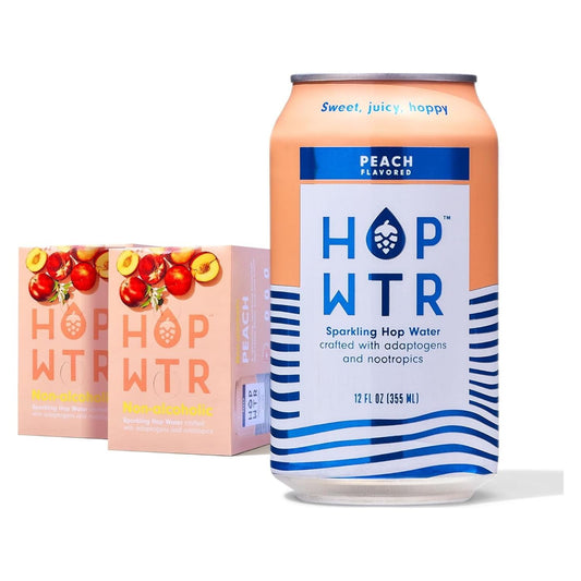 Peach-Infused HOP WTR Sparkling Hop Water, 12 Pack - Zero Sugar, Low Carb Non-Alcoholic Beverage with Adaptogens & Nootropics, 12 oz Cans