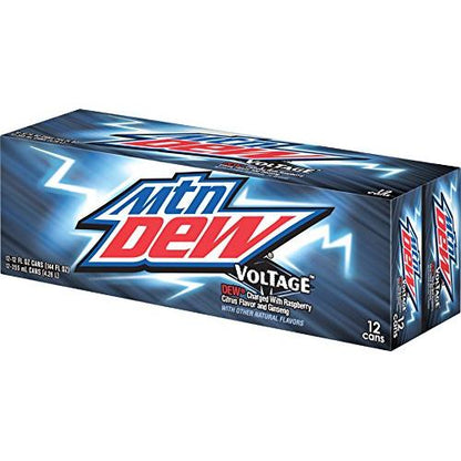 Voltage Mountain Dew Soda, Raspberry Citrus with Ginseng, 12 Fl Oz, 12 Pack