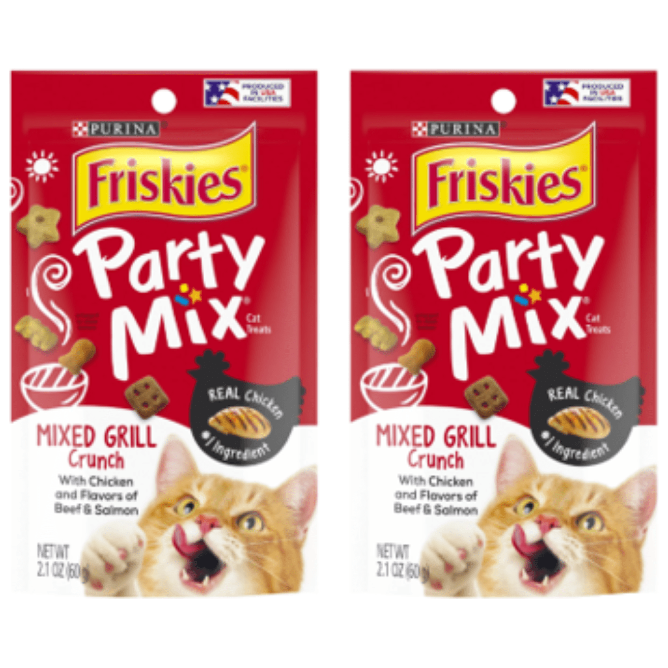 Friskies Cat Treats, Party Mix Mixed Grill Crunch, 2.1 oz. Pouch - Pack of 2 - Friskies