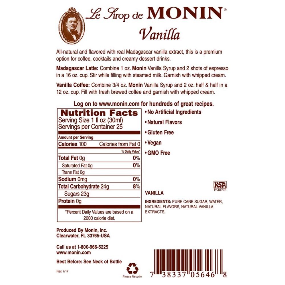 Monin - Vanilla Syrup, Versatile Flavor, Great for Coffee, Shakes, and Cocktails, Gluten-Free, Vegan, Non-GMO (750 ml)