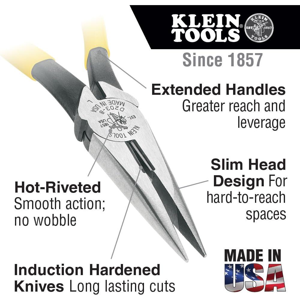 Klein Tools D203-8NCR Long Nose Side-Cutter Strip/Crimp Pliers, Induction Hardened and Heavier For Increased Cutting Power, 8-Inch