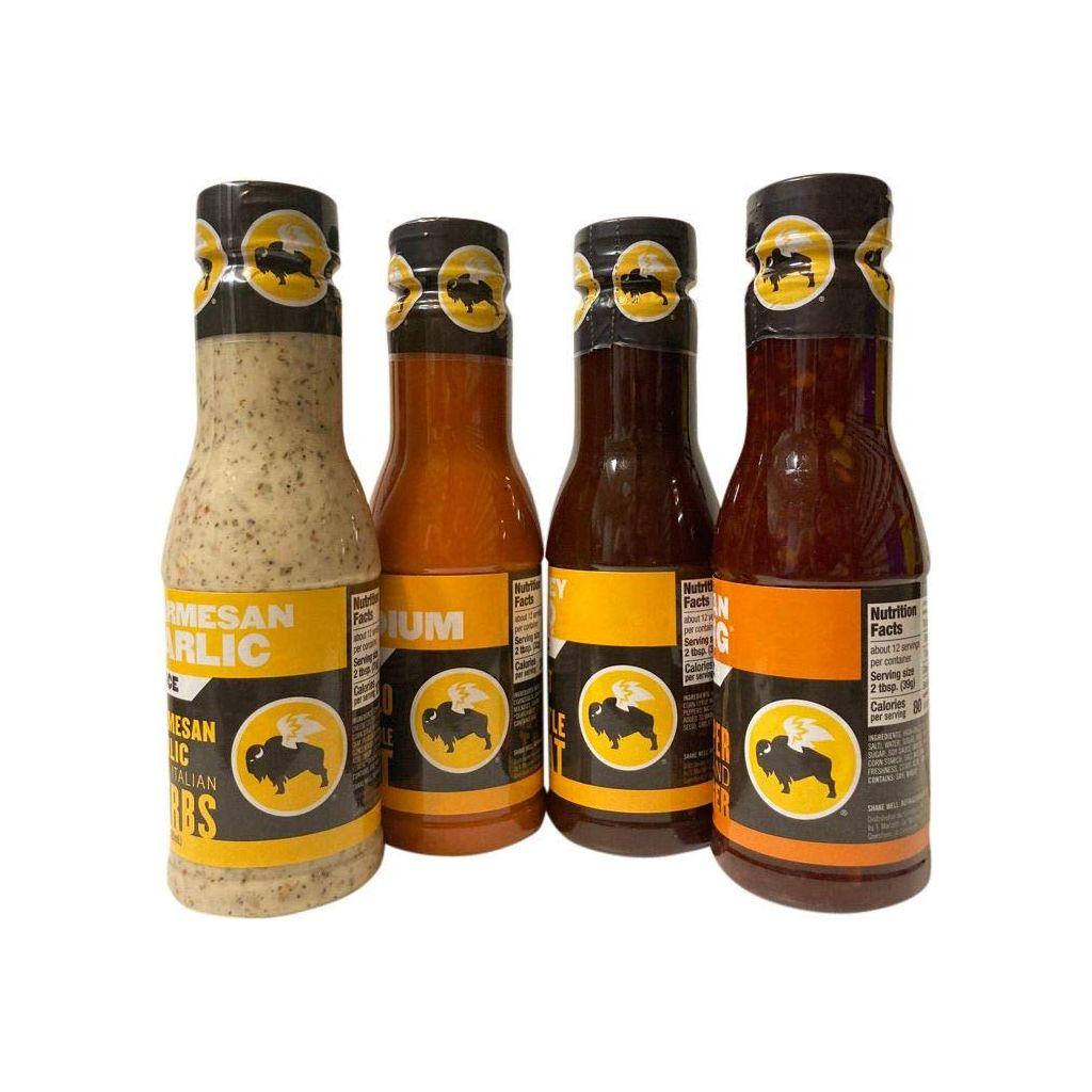 Buffalo Wild Wings Milder Sauce Collection: Parmesan Garlic, Medium, Honey BBQ, Asian Zing - 12 Ounces Each - Buffalo Wild Wings