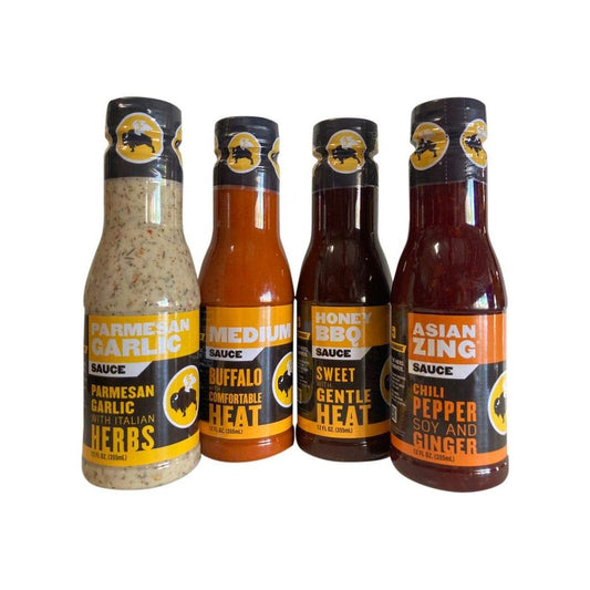 Buffalo Wild Wings Milder Sauce Collection: Parmesan Garlic, Medium, Honey BBQ, Asian Zing - 12 Ounces Each