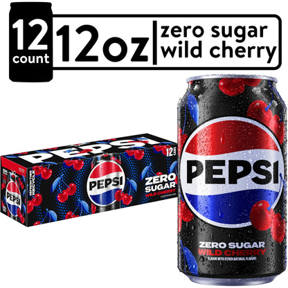 Pepsi Zero Sugar Wild Cherry Soda, 12 oz Cans - 12 Pack Refreshing Beverage