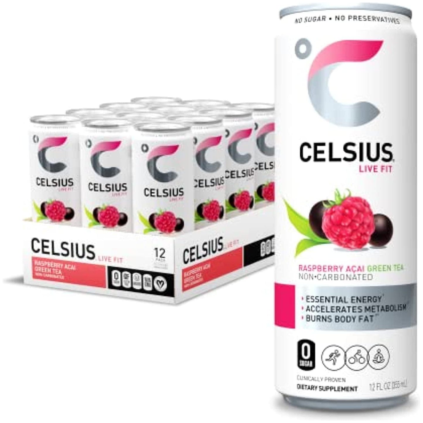 Celsius Energizing Raspberry Acai Green Tea Drink, 12 Fl Oz - 12 Pack