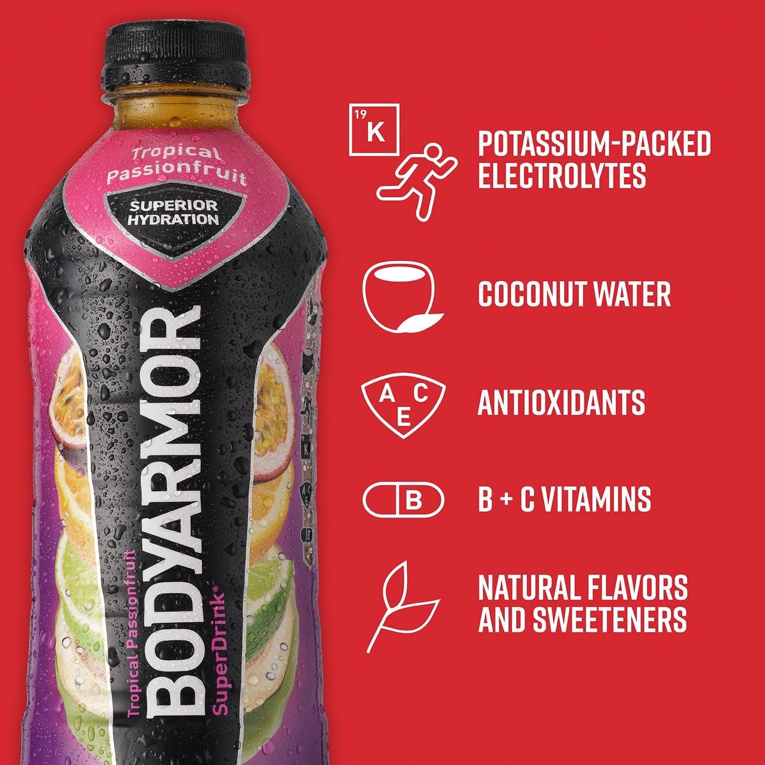 BODYARMOR Tropical Passionfruit Sports Drink, 28 Fl Oz (12-Pack) - Hydration with Natural Ingredients - BODYARMOR