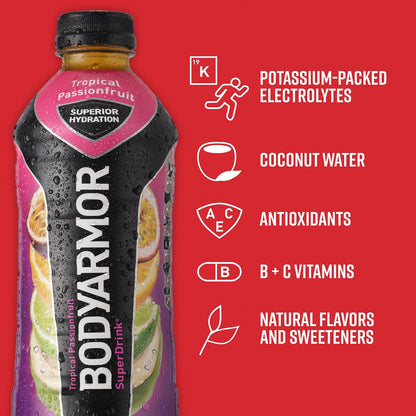 BODYARMOR Tropical Passionfruit Sports Drink, 28 Fl Oz (12-Pack) - Hydration with Natural Ingredients