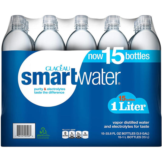 Glaceau Smartwater Electrolyte-Infused Bottled Water, 15-Pack of 1 Liter