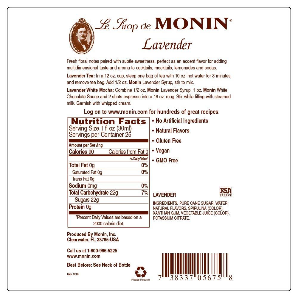 Monin - Lavender Syrup, Aromatic and Floral, Natural Flavors, Great for Cocktails, Lemonades, and Sodas, Non-GMO, Gluten-Free (750 ml)