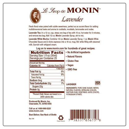 Monin - Lavender Syrup, Aromatic and Floral, Natural Flavors, Great for Cocktails, Lemonades, and Sodas, Non-GMO, Gluten-Free (750 ml)