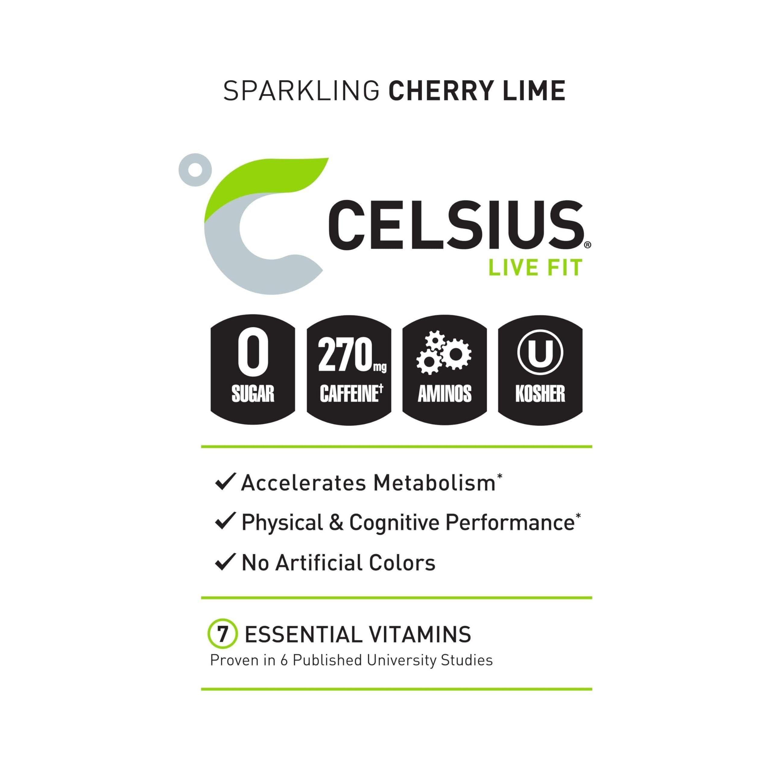 CELSIUS ESSENTIALS Sparkling Cherry Limeade Performance Energy Drink, 16 Fl Oz (Pack of 12) - Elevate Your Fitness with 270mg Caffeine - Celsius