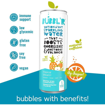 BUBBL'R tropical dream'r, Antioxidant Sparkling Water, 12 Fl Oz Cans, 12 Count