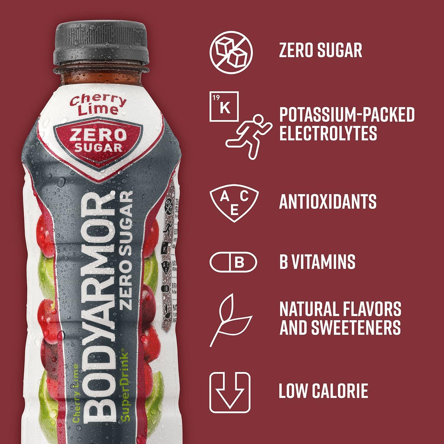 BODYARMOR ZERO Sugar Cherry Lime - Guilt-Free Hydration Sports Drink with Potassium Electrolytes, Antioxidants, and B-vitamins, 16 fl oz (12-pack)