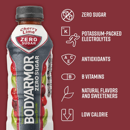 BODYARMOR ZERO Sugar Cherry Lime - Guilt-Free Hydration Sports Drink with Potassium Electrolytes, Antioxidants, and B-vitamins, 16 fl oz (12-pack)