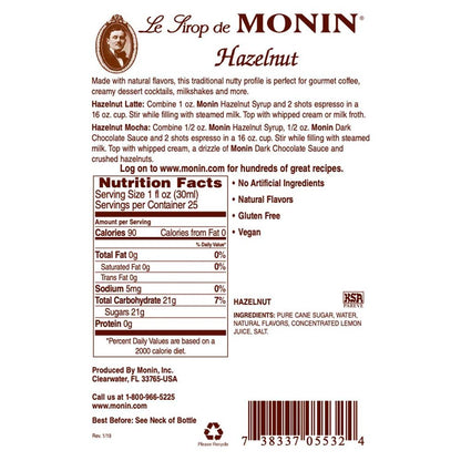 Monin - Hazelnut Syrup, Nutty Taste Of Caramelized Hazelnut, Natural Flavors, Great For Mochas, Lattes, Smoothies, Shakes, And Cocktails, Non-Gmo, Gluten-Free (750 Ml)