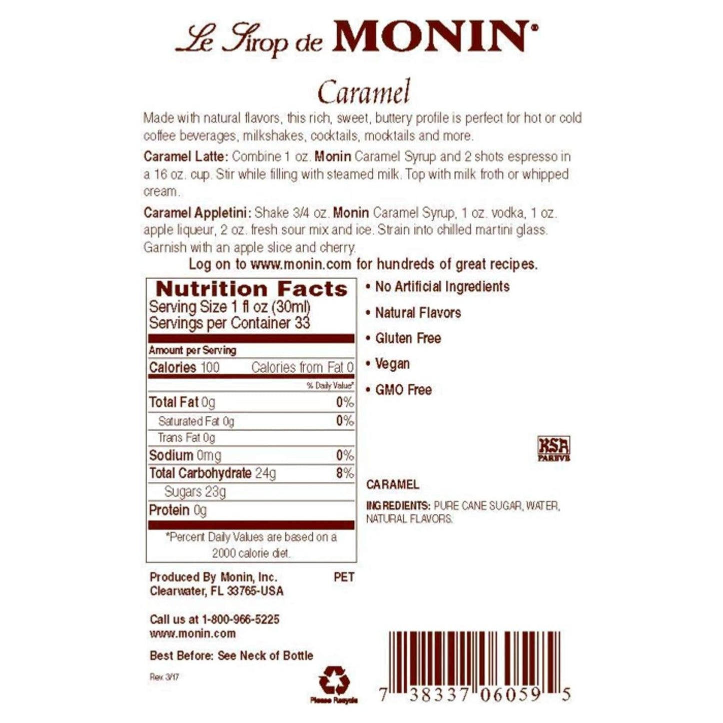 Monin - Caramel Syrup, Rich and Buttery, Great for Desserts, Coffee, and Cocktails, Gluten-Free, Non-GMO (1 Liter)