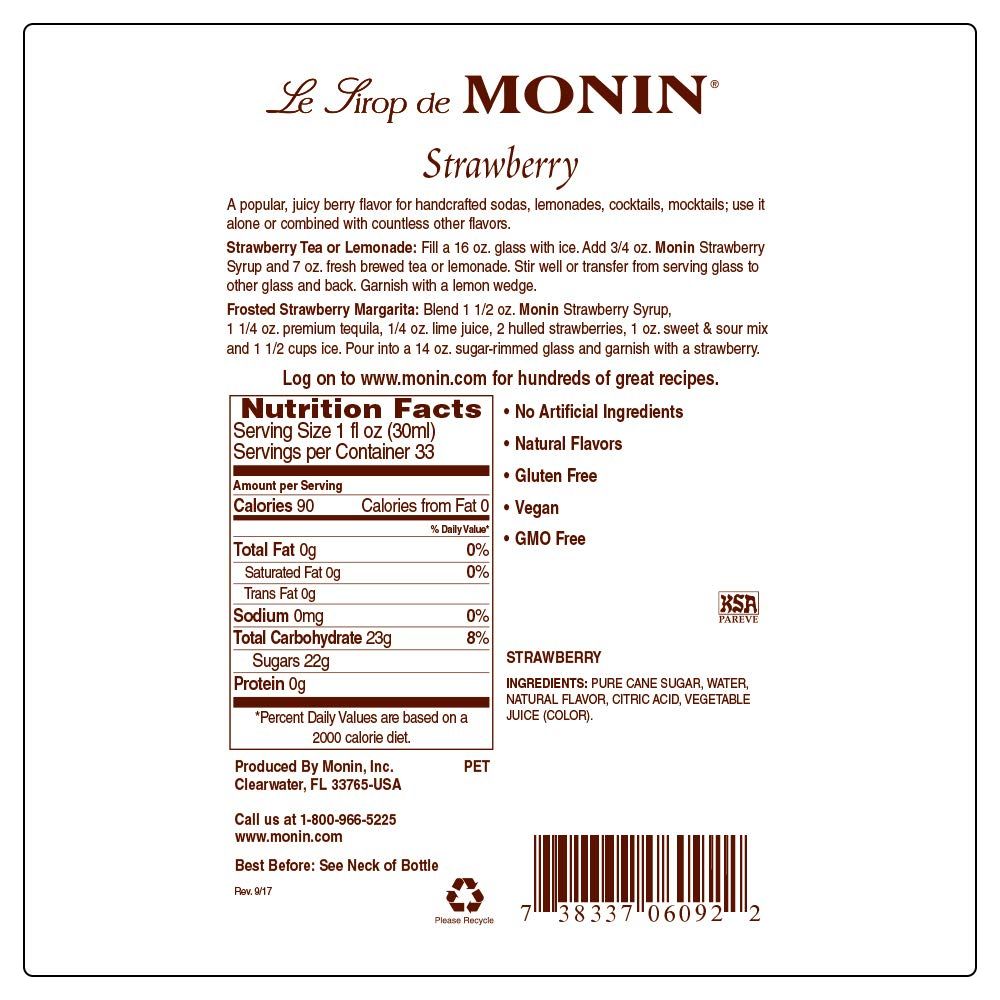 Monin Strawberry Syrup 750Ml (25.4Oz)