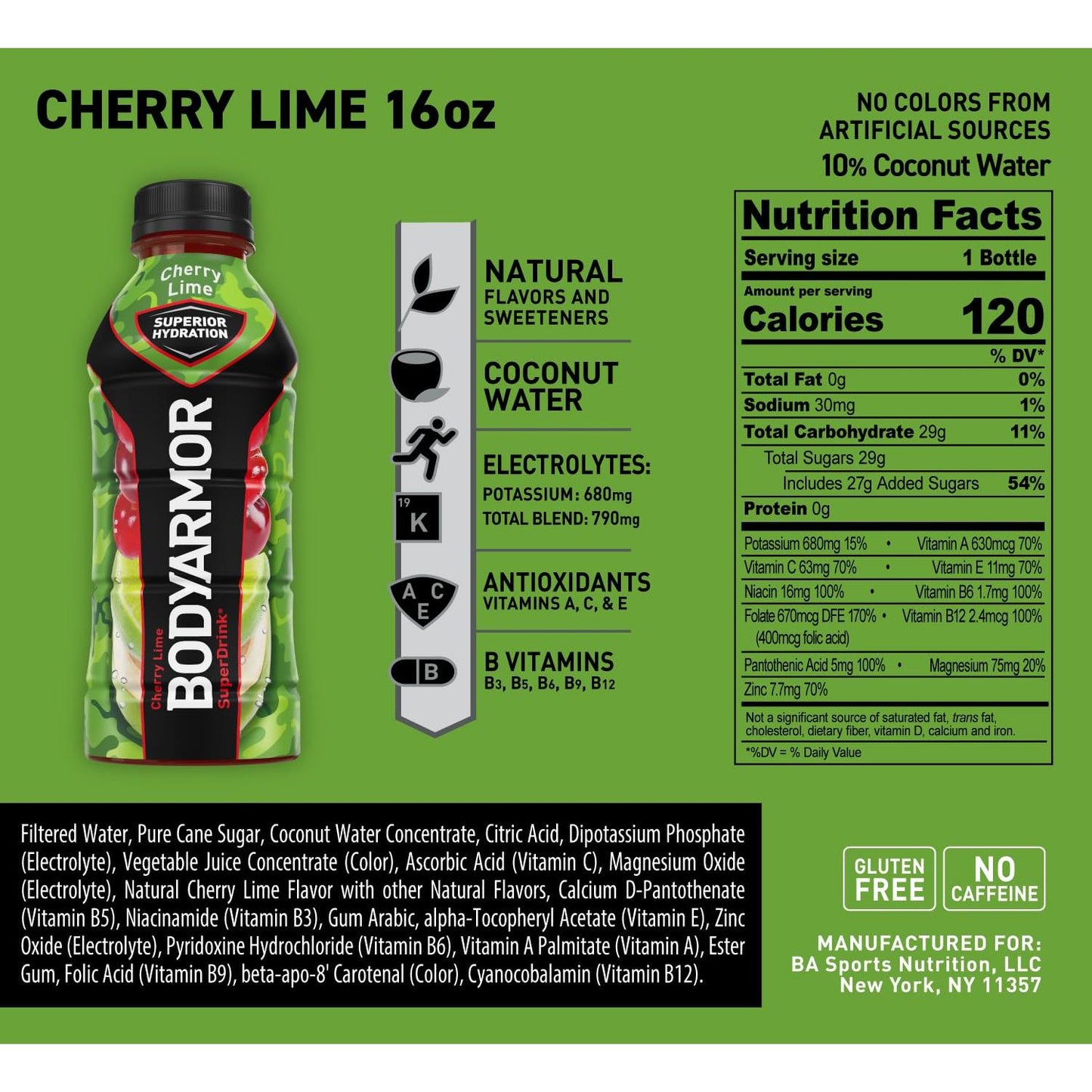 BODYARMOR Cherry Lime Sports Drink, Hydration Beverage, 16 Fl Oz (Pack of 12)