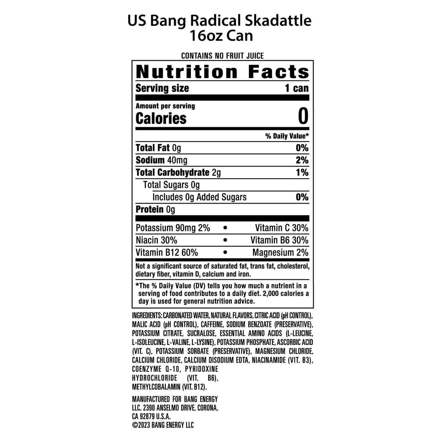 Bang Energy Radical Skadattle, Zero Sugar Energy Beverage, 16-Ounce (12-Pack)