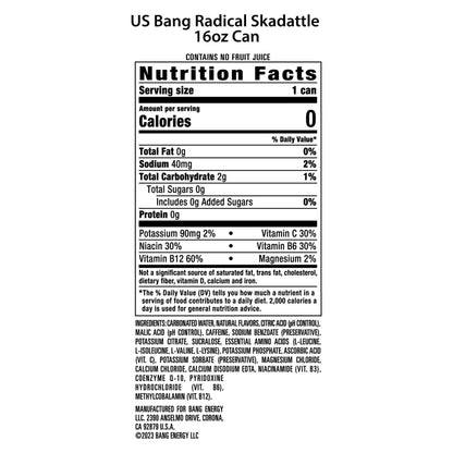 Bang Energy Radical Skadattle, Zero Sugar Energy Beverage, 16-Ounce (12-Pack)