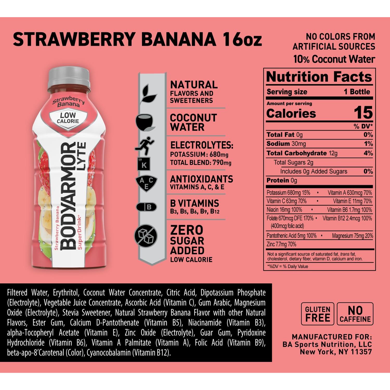 BODYARMOR LYTE Strawberry Banana Sports Drink, 16 oz Bottles (12-Pack) - BODYARMOR