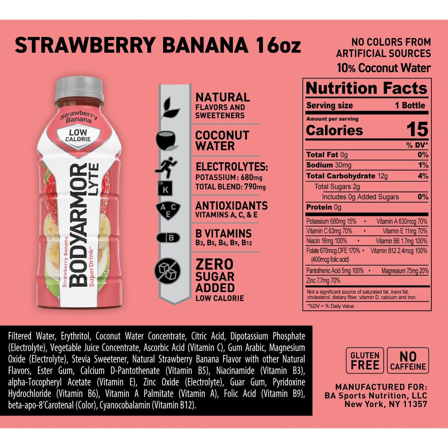 BODYARMOR LYTE Strawberry Banana Sports Drink, 16 oz Bottles (12-Pack)