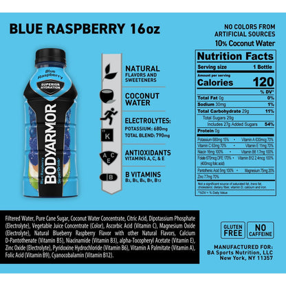 BODYARMOR Blue Raspberry Sports Drink, 16 Fl Oz (Pack of 12) - Superior Hydration with Natural Ingredients