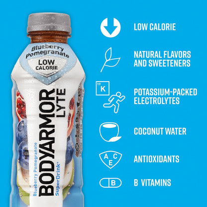 BODYARMOR LYTE Blueberry Pomegranate Sports Drink with Coconut Water - 16 Fl Oz Bottles (Pack of 12)