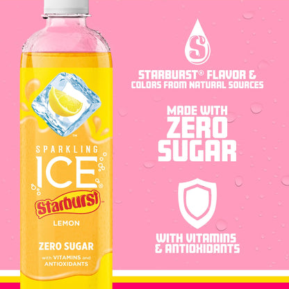 Sparkling Ice STARBURST Lemon, Zero Sugar Flavored Sparkling Water,  17 fl oz Bottles (Pack of 12)