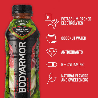 BODYARMOR Cherry Lime Sports Drink, Hydration Beverage, 16 Fl Oz (Pack of 12)