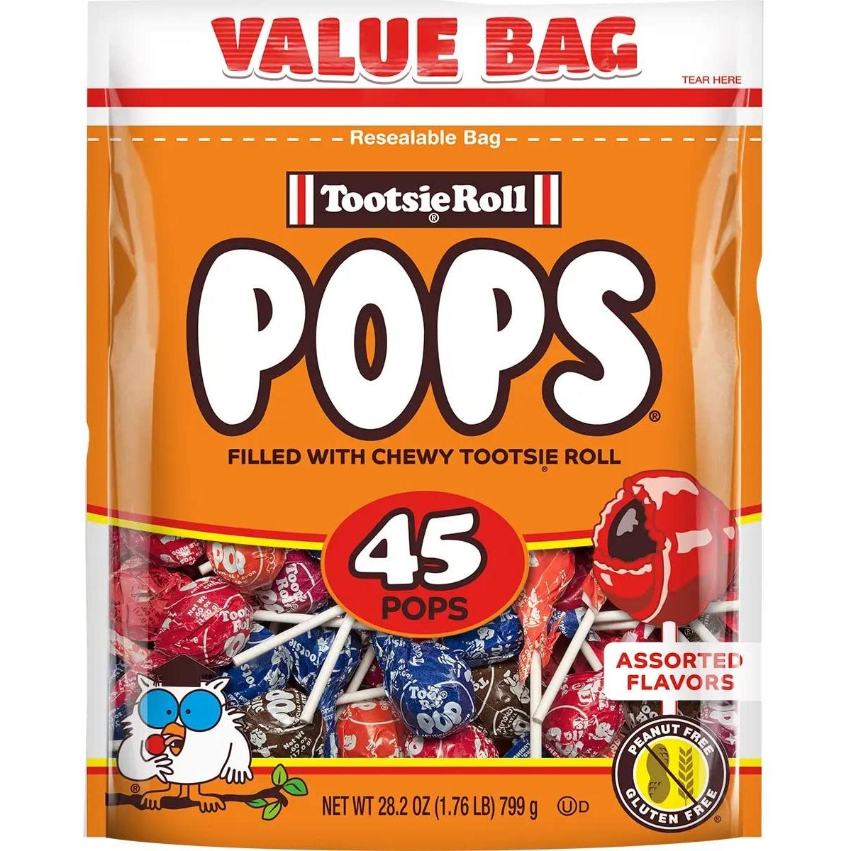 Tootsie Pops - Assorted Flavors - 45 ct bag 28.2 oz - Great Halloween Candy - Cherry, Orange, Strawberry, Grape, and Chocolate Flavors