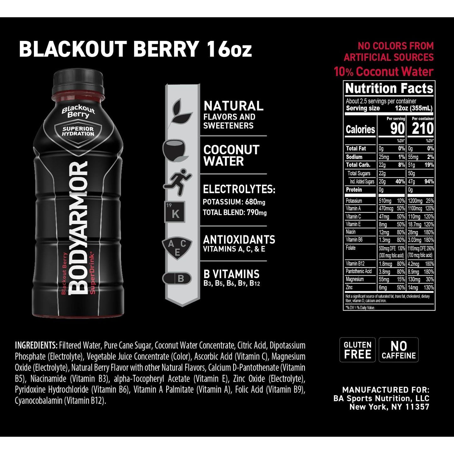 BODYARMOR Blackout Berry Sports Drink with Coconut Water, 16 Fl Oz (Pack of 12)