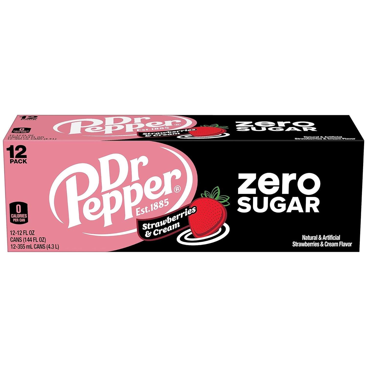 Dr Pepper Zero Sugar Strawberries and Cream Soda Pop, 12 fl oz, 12 Pack Cans - Dr. Pepper