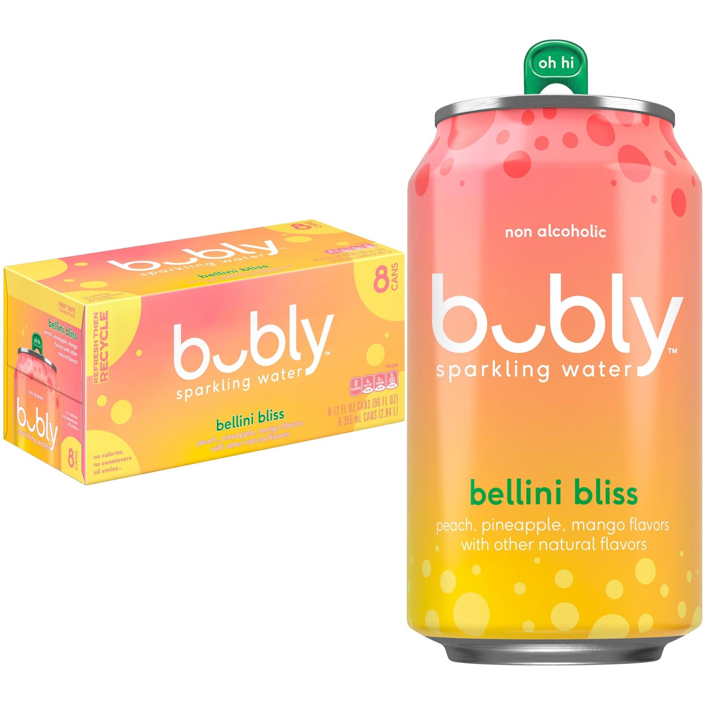 Bubly Sparkling Water, Bellini Bliss, 12 ounce (Pack of 8)