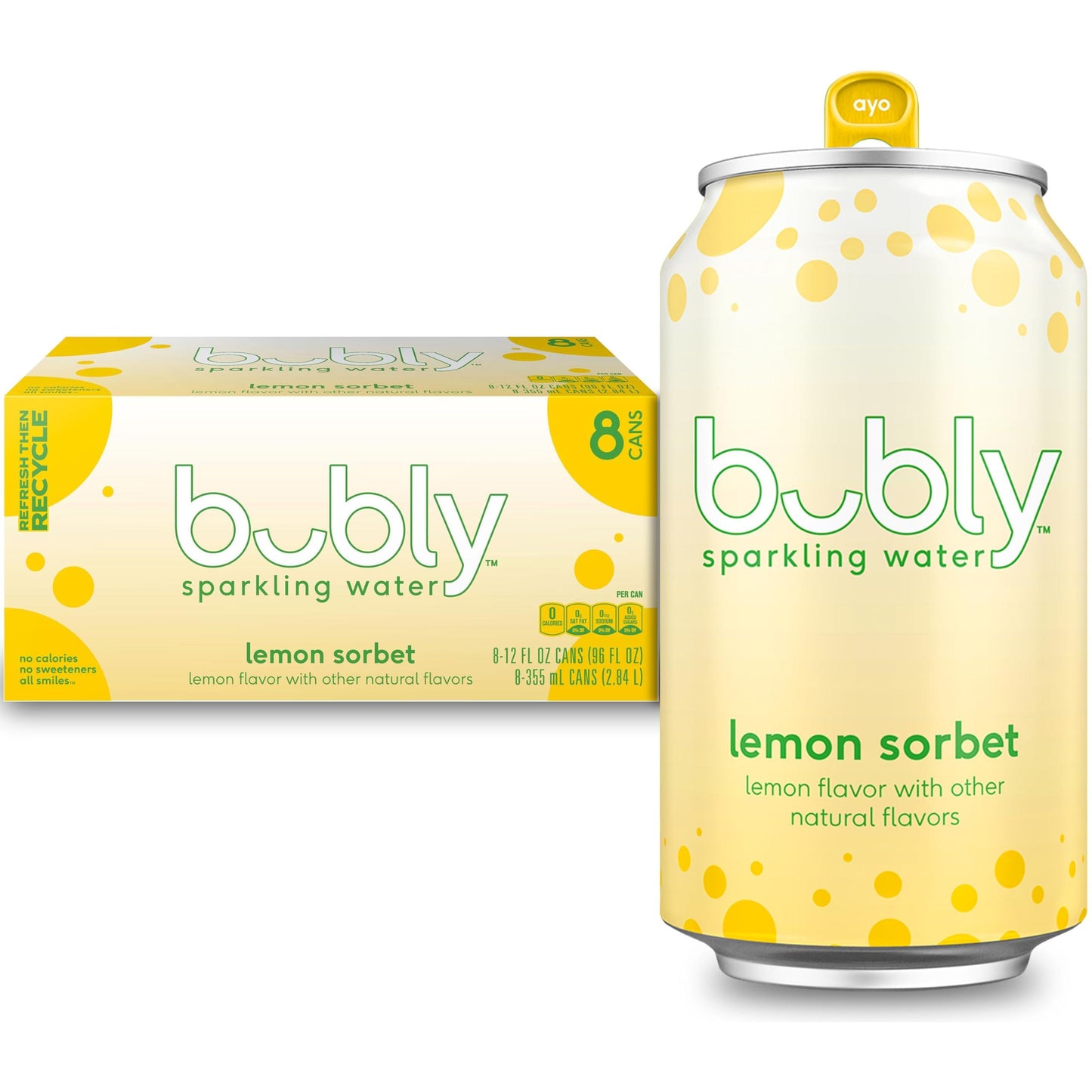 bubly Sparkling Water, Lemon Sorbet, 12oz Cans (8 Pack)