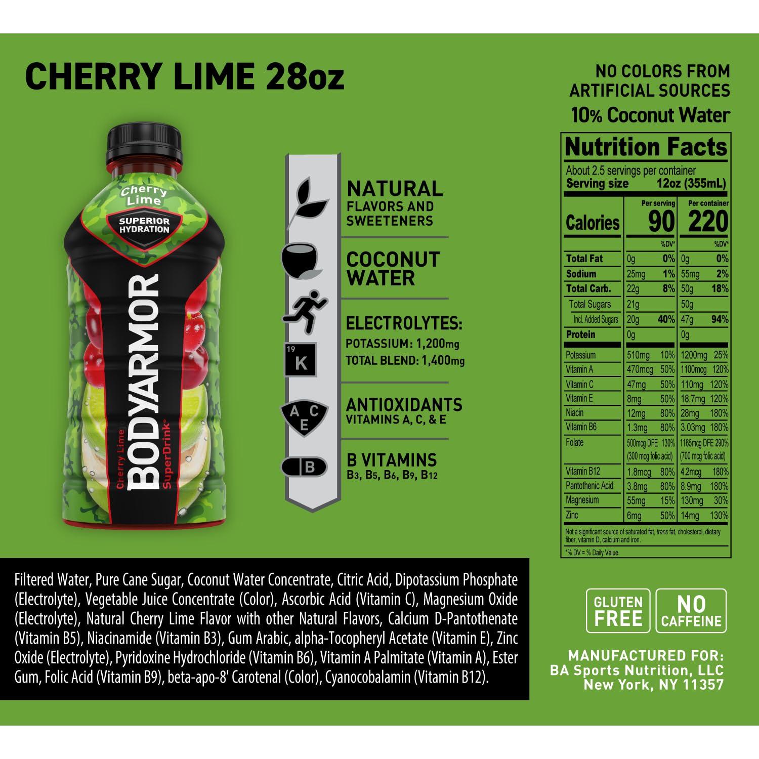 BODYARMOR LYTE Cherry Lime Sports Drink - Low Calorie Hydration Beverage, 28 Fl Oz (12-Pack) - BODYARMOR